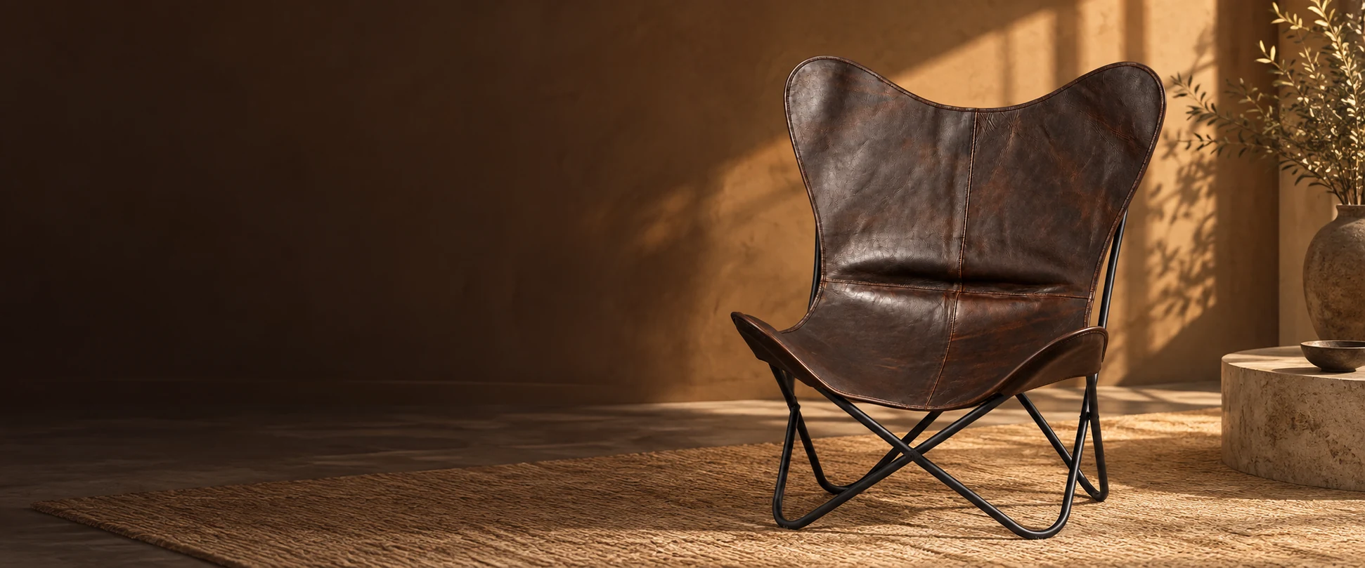 Leather Butterfly Chair Cover styled in a refined guest lounge with tobacco-toned walls
