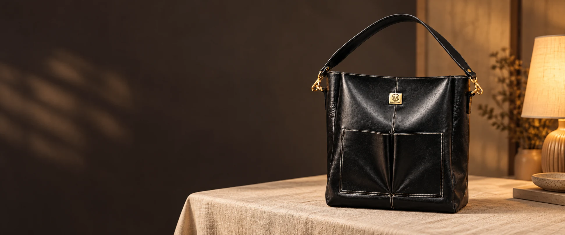 Double-Pocket Leather Tote Bag displayed on a linen-covered tabletop in a fashion studio