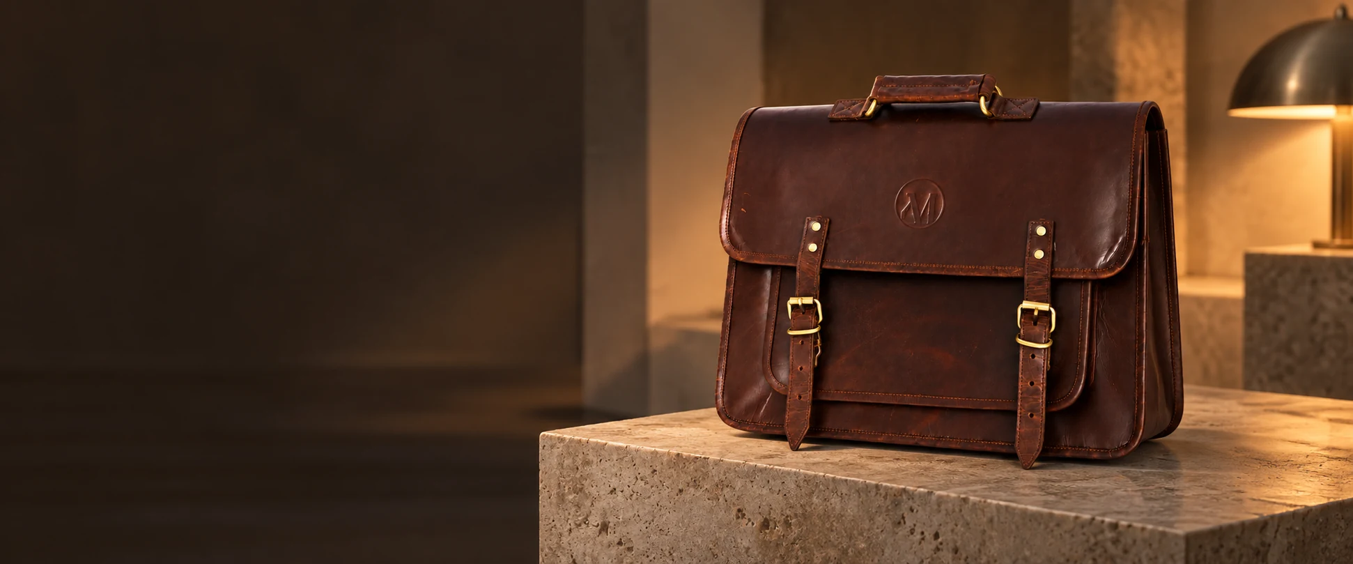 Compact Twin-Buckle Leather Messenger Bag displayed on a stone pedestal in an understated gallery