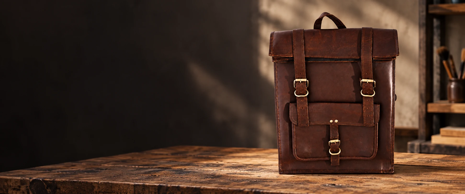 Leather Flap Backpack displayed on a reclaimed wood workbench in a tidy studio