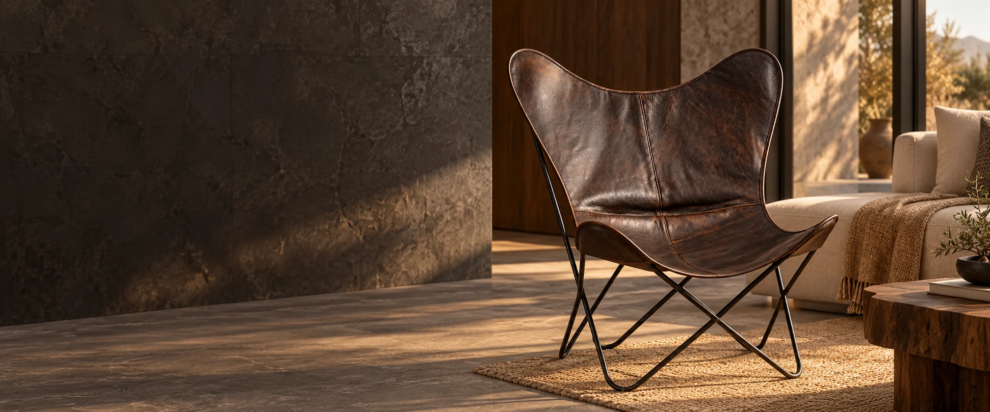 Leather Butterfly Chair Cover styled on a compatible display frame in an elegant lounge