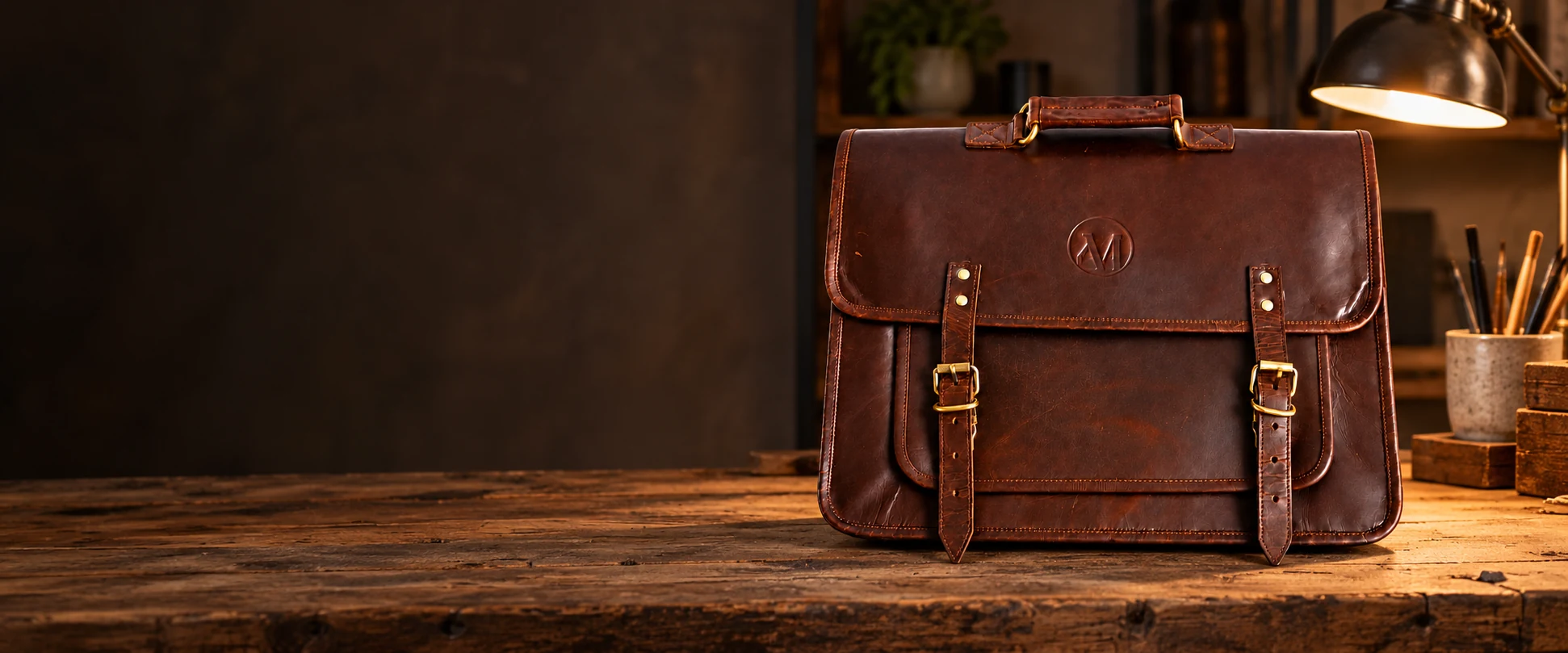 Compact Twin-Buckle Leather Messenger Bag displayed on a reclaimed wood workbench in a tidy studio