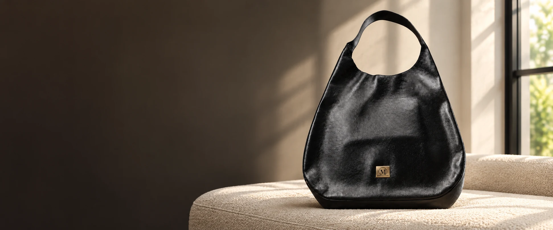 Oversized Leather Hobo Bag displayed on a cream upholstered bench beside a window