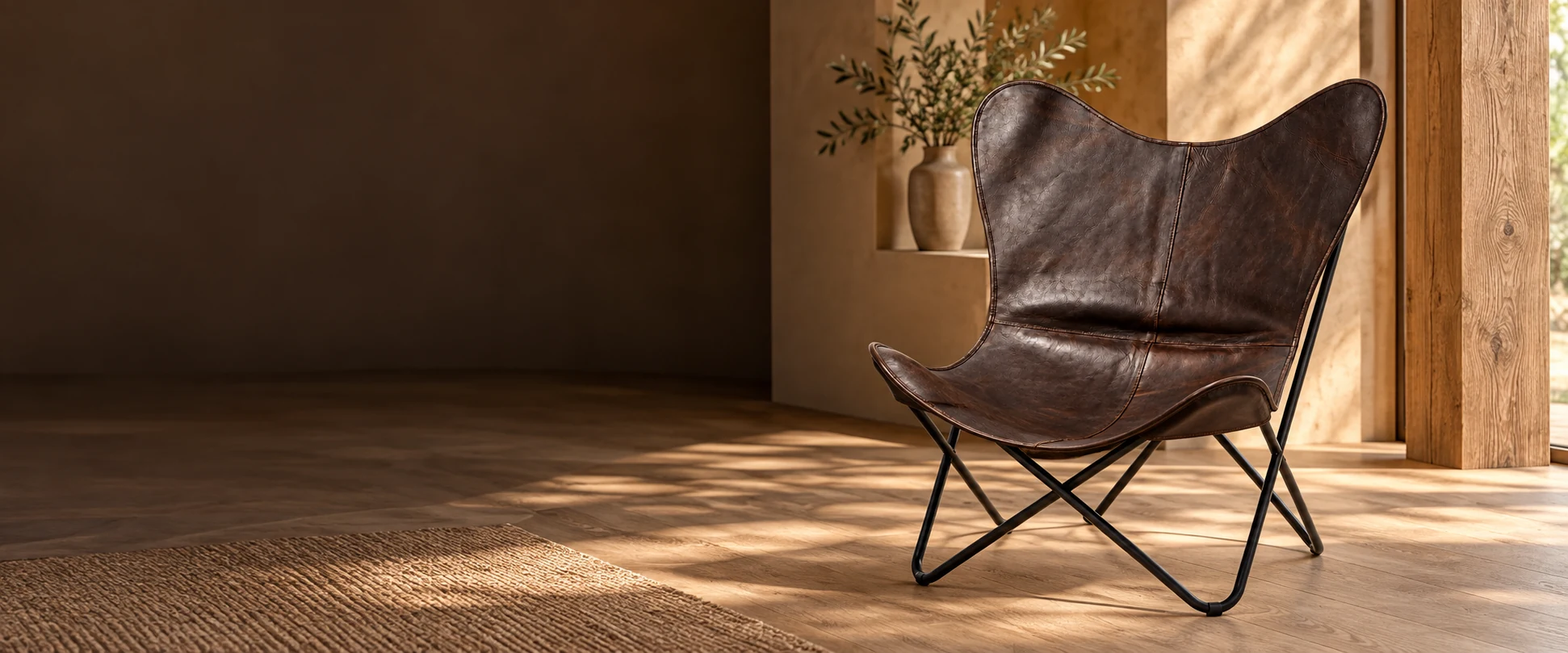 Leather Butterfly Chair Cover styled in a natural timber interior with a softly lit alcove