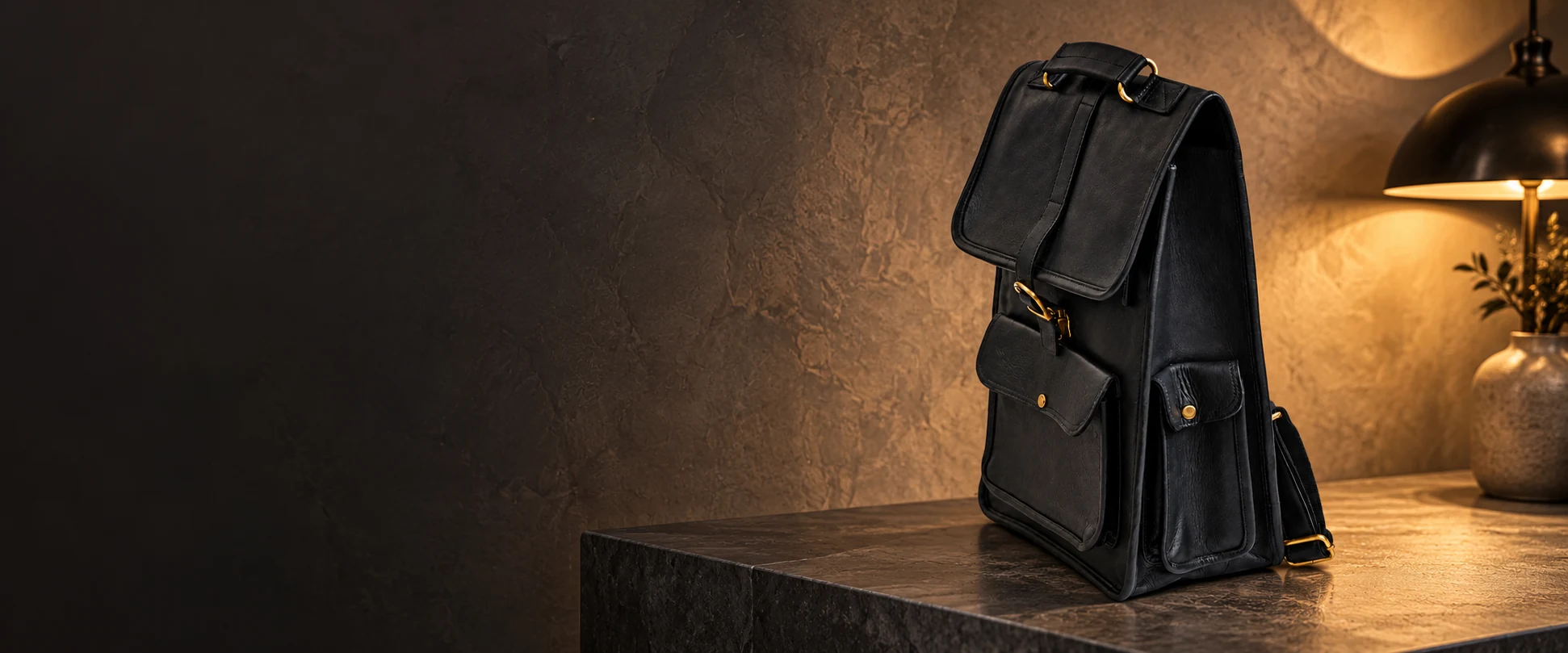 Buckle-Flap Leather Backpack displayed on a slate console beside a textured plaster wall