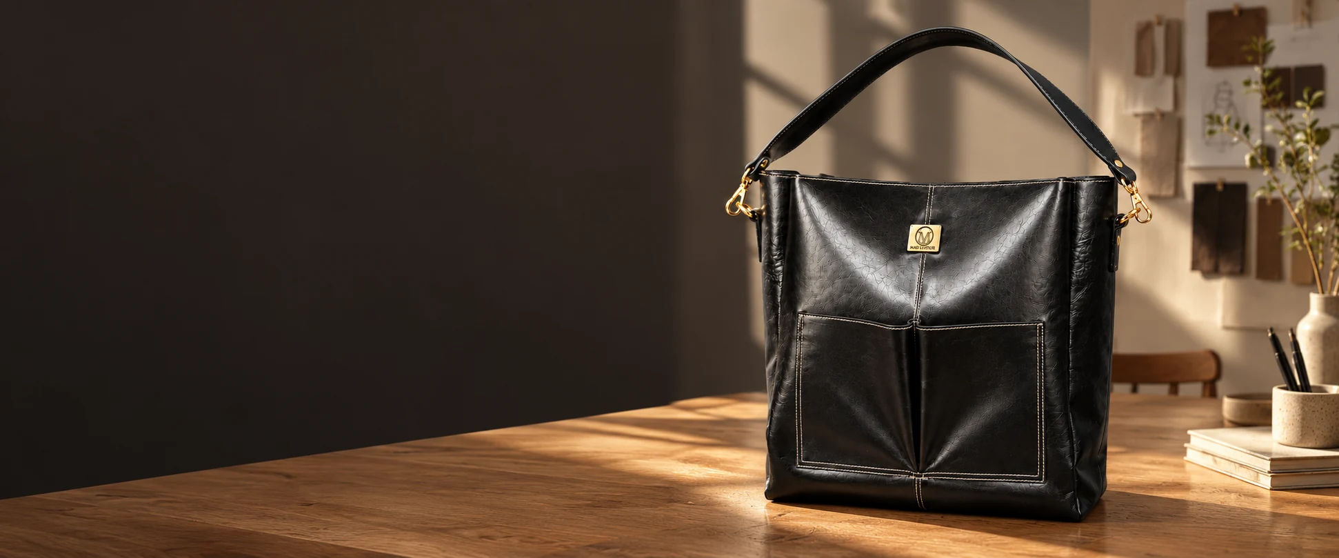 Double-Pocket Leather Tote Bag displayed on a clean oak table in a collection planning studio