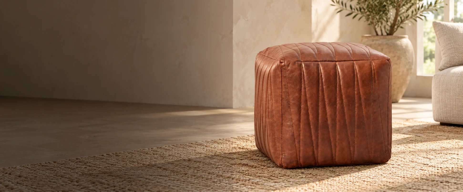 Square Leather Pouf Cover styled in a bright apartment sitting room with soft cream plaster