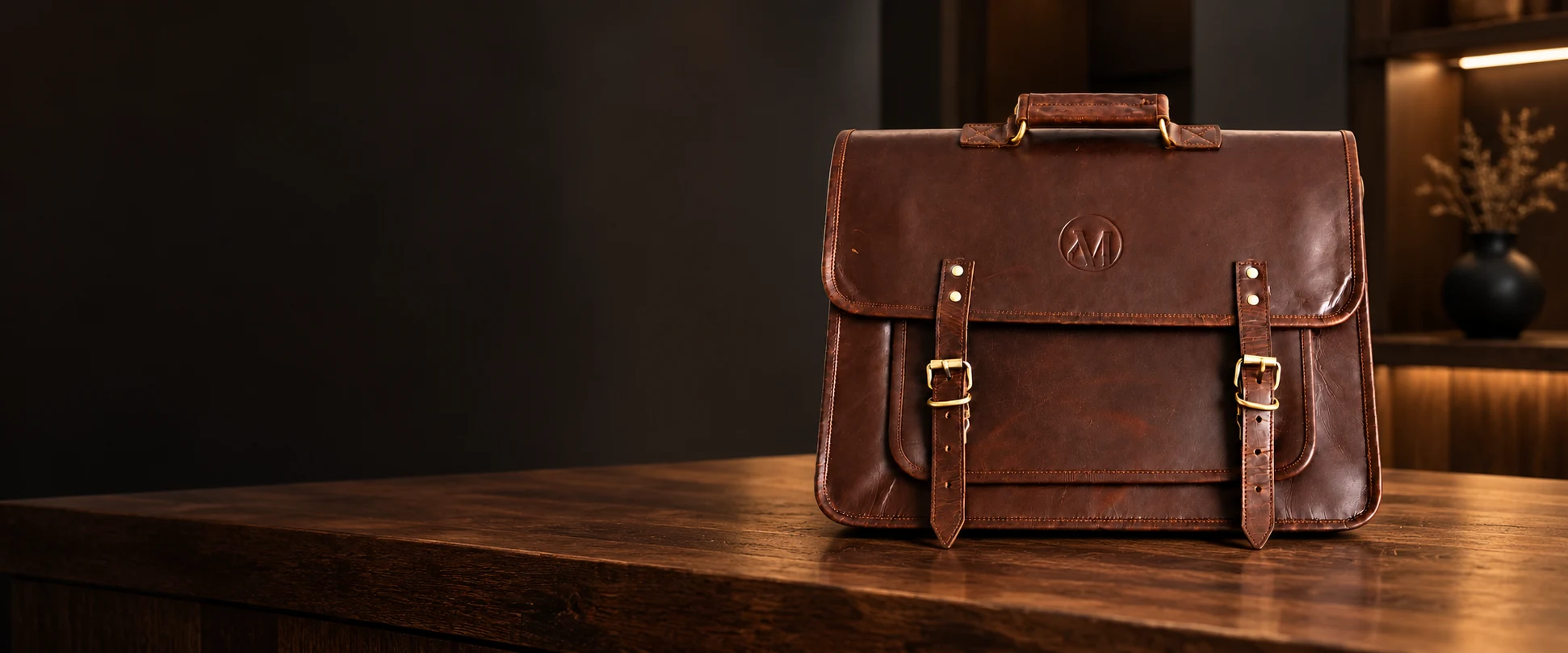 Compact Twin-Buckle Leather Messenger Bag displayed on a dark timber counter in a clean retail showroom