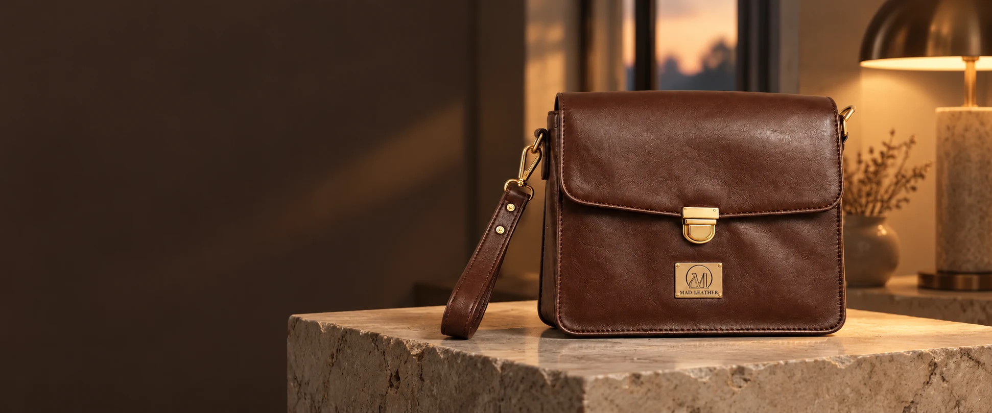 Leather Handheld Clutch displayed on a sculpted stone pedestal by a softly lit window