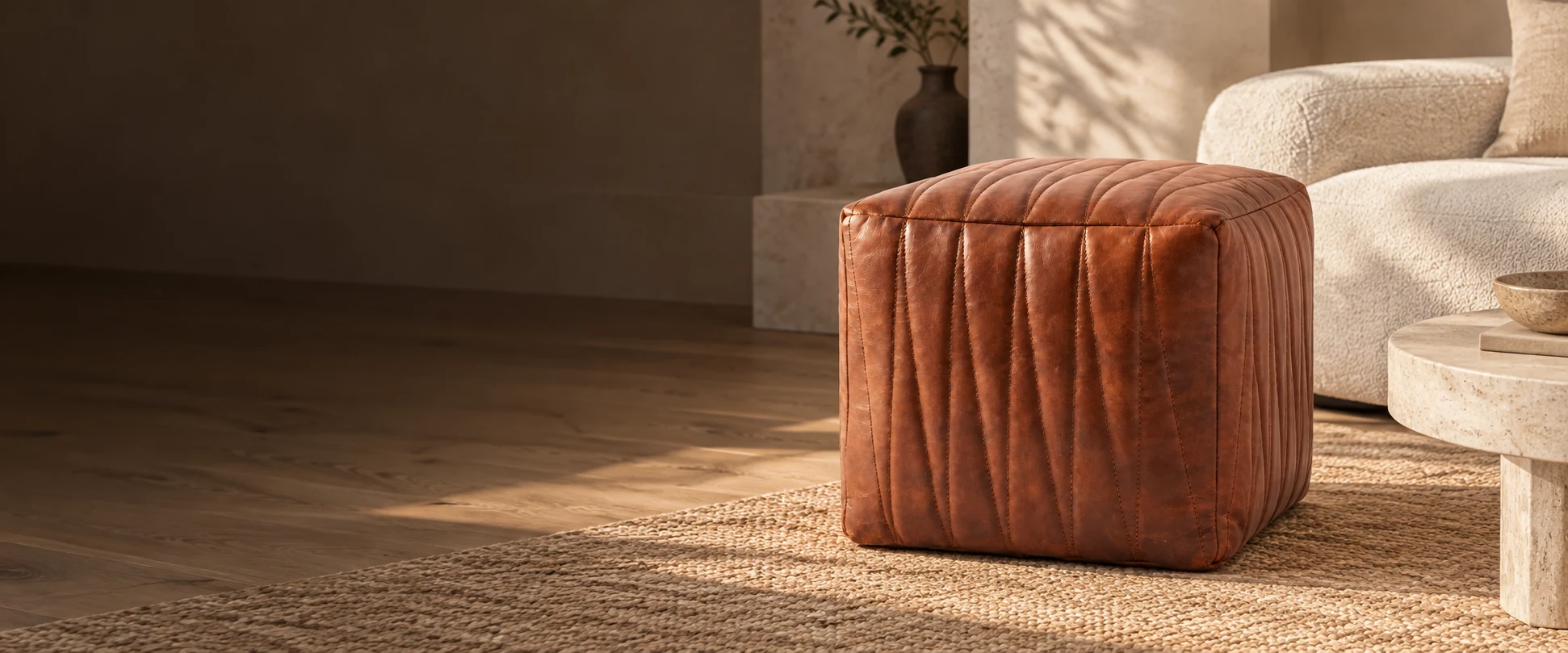 Square Leather Pouf Cover styled in a modern living room with pale stone and oak