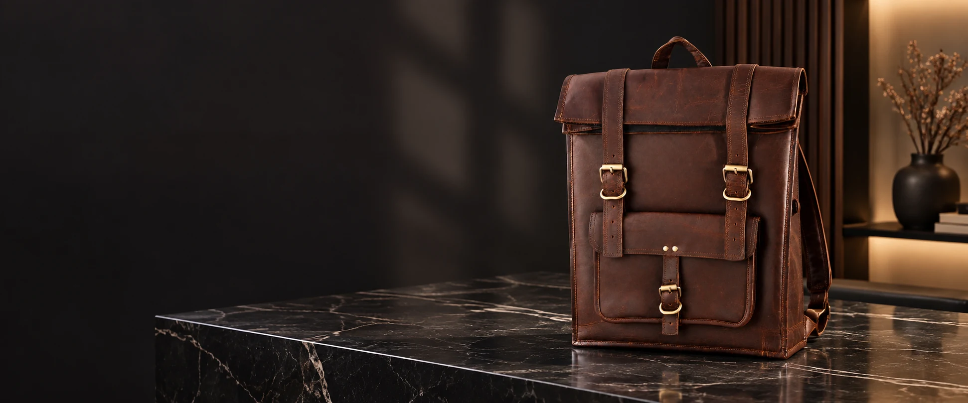 Leather Flap Backpack displayed on a black marble console in a minimalist office