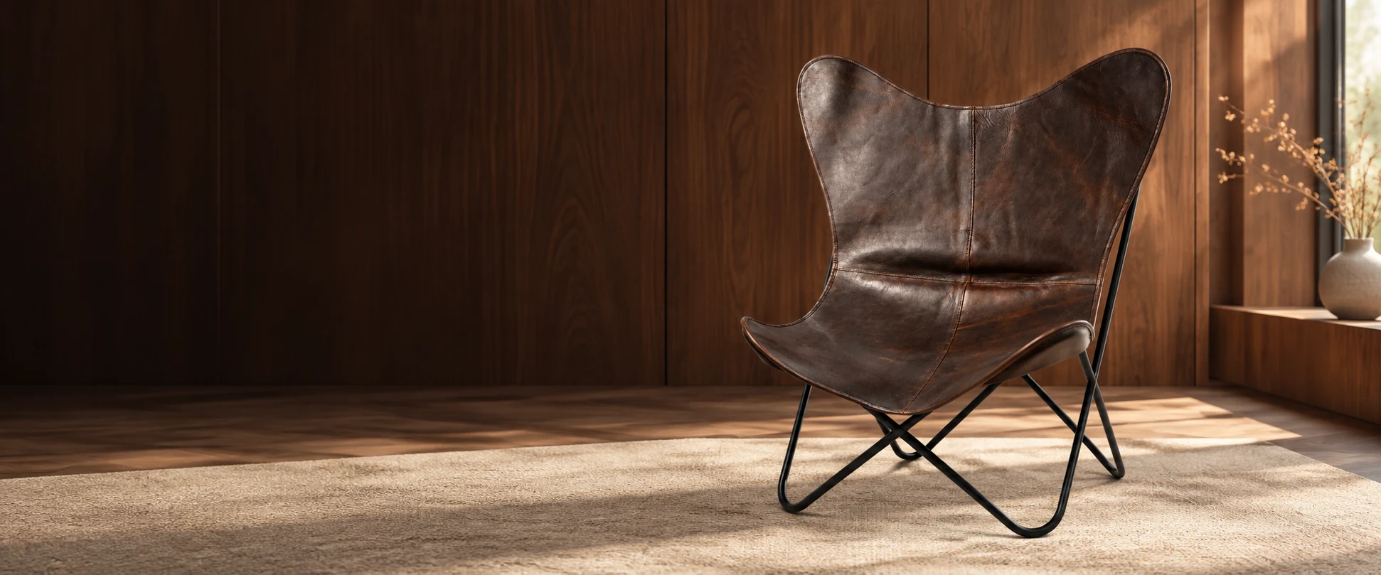 Leather Butterfly Chair Cover styled in a walnut-panelled room with a clean neutral rug