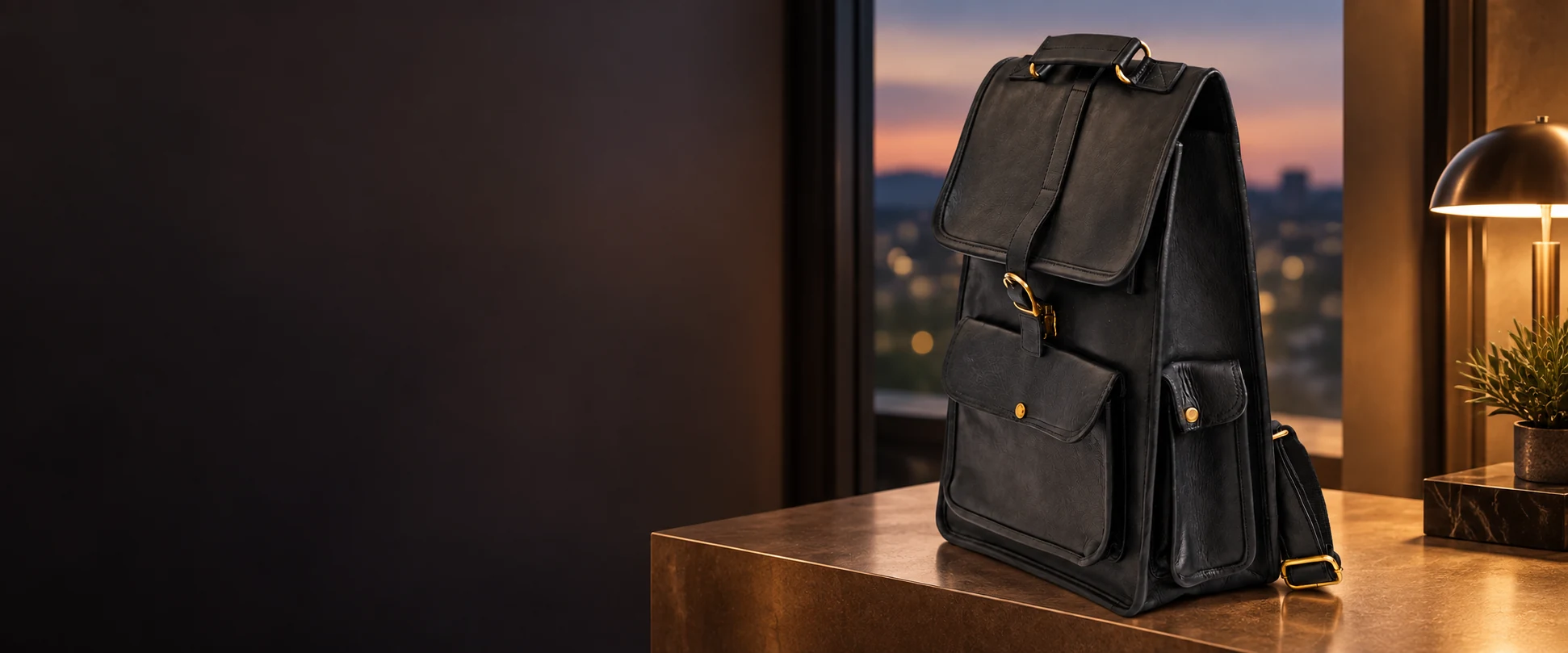 Buckle-Flap Leather Backpack displayed on a bronze-toned plinth beside an office window