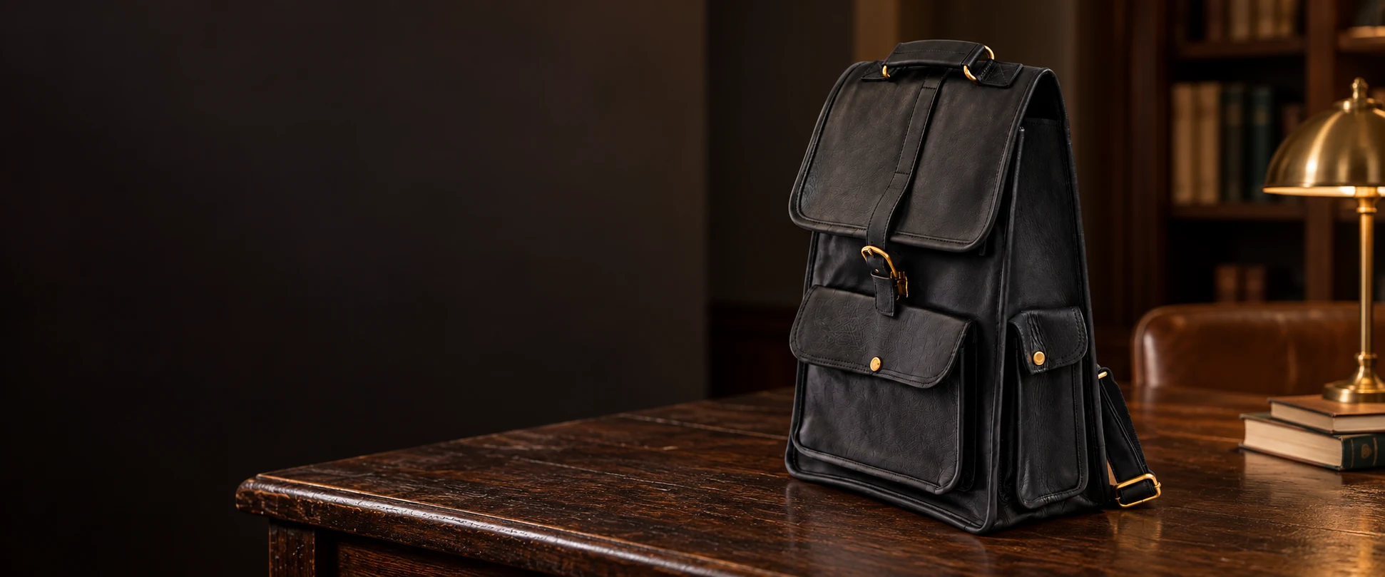 Buckle-Flap Leather Backpack displayed on a low dark-wood table in a reading room