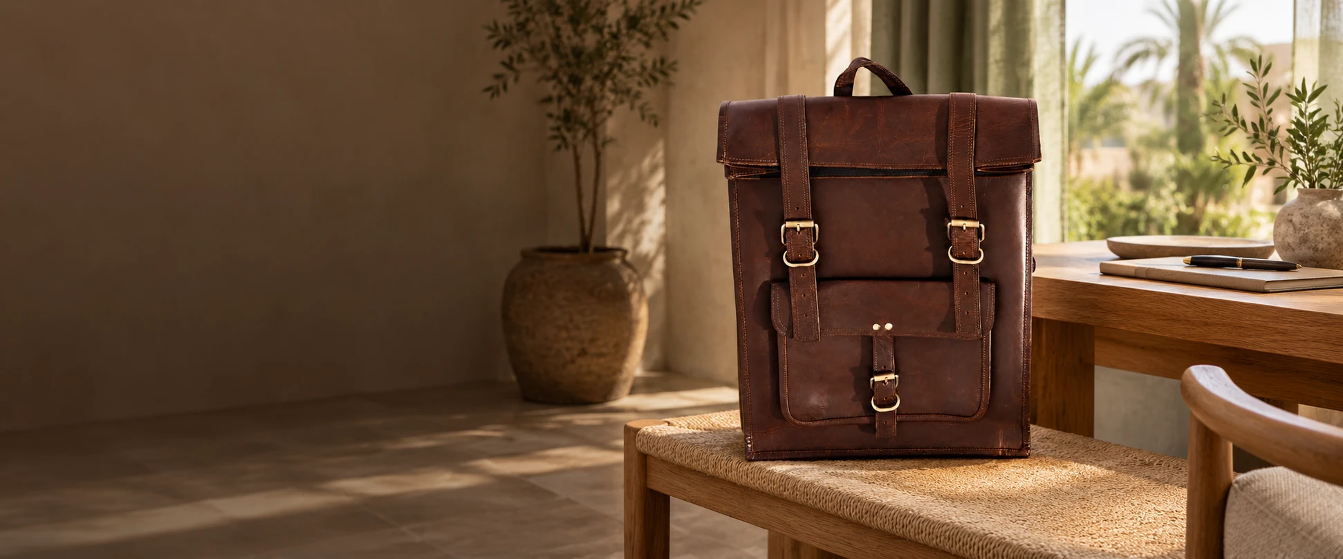 Leather Flap Backpack in an elegant contemporary interior
