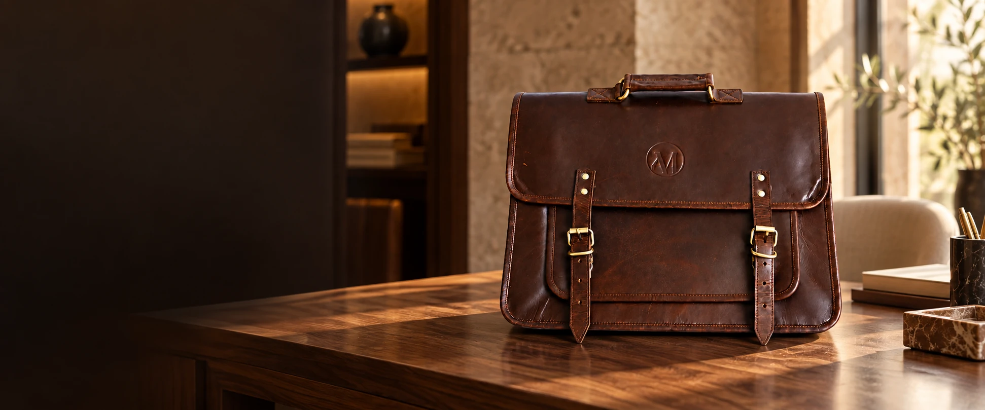 Compact Twin-Buckle Leather Messenger Bag in an elegant contemporary interior
