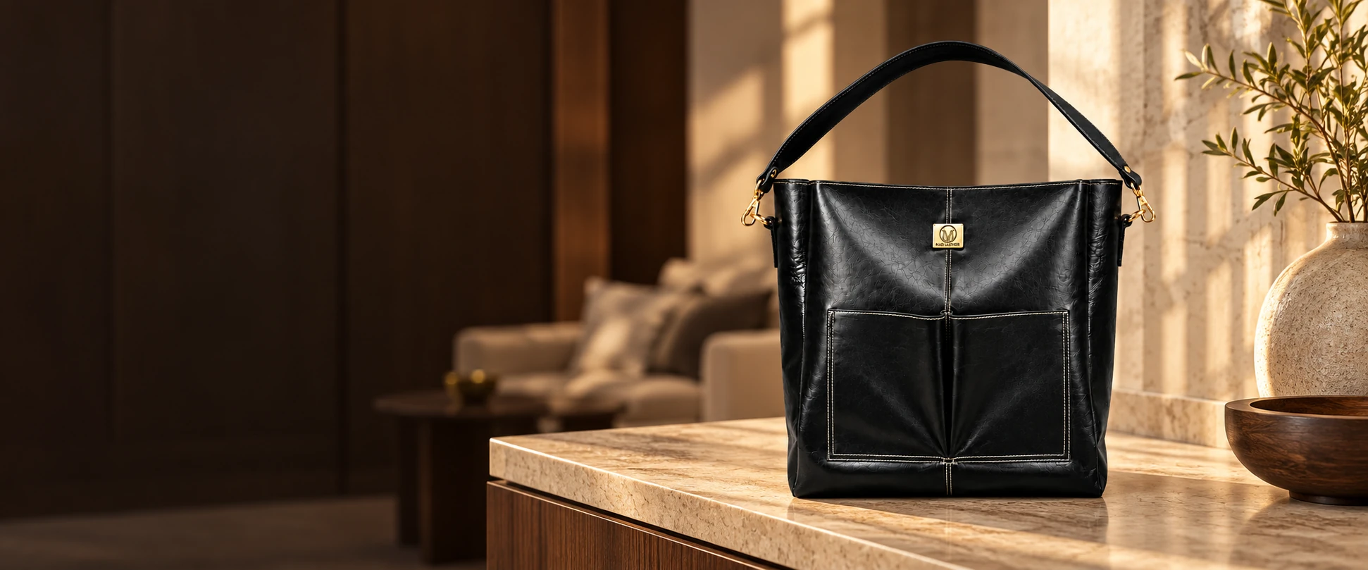 Double-Pocket Leather Tote Bag in an elegant contemporary interior