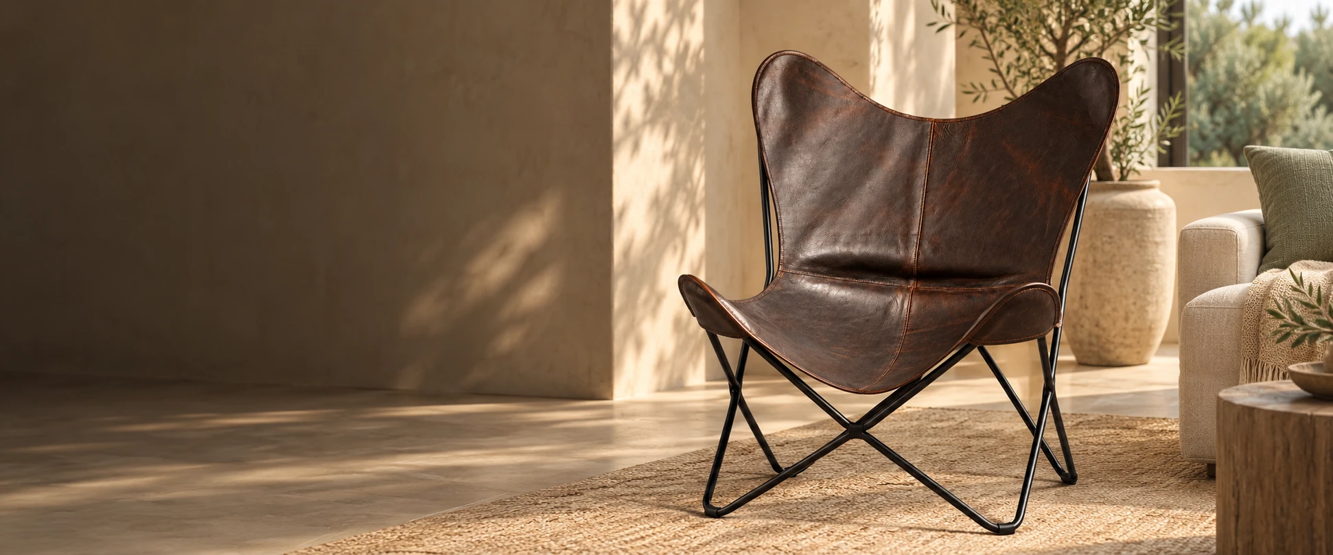 Leather Butterfly Chair Cover styled on a compatible display frame in an elegant lounge