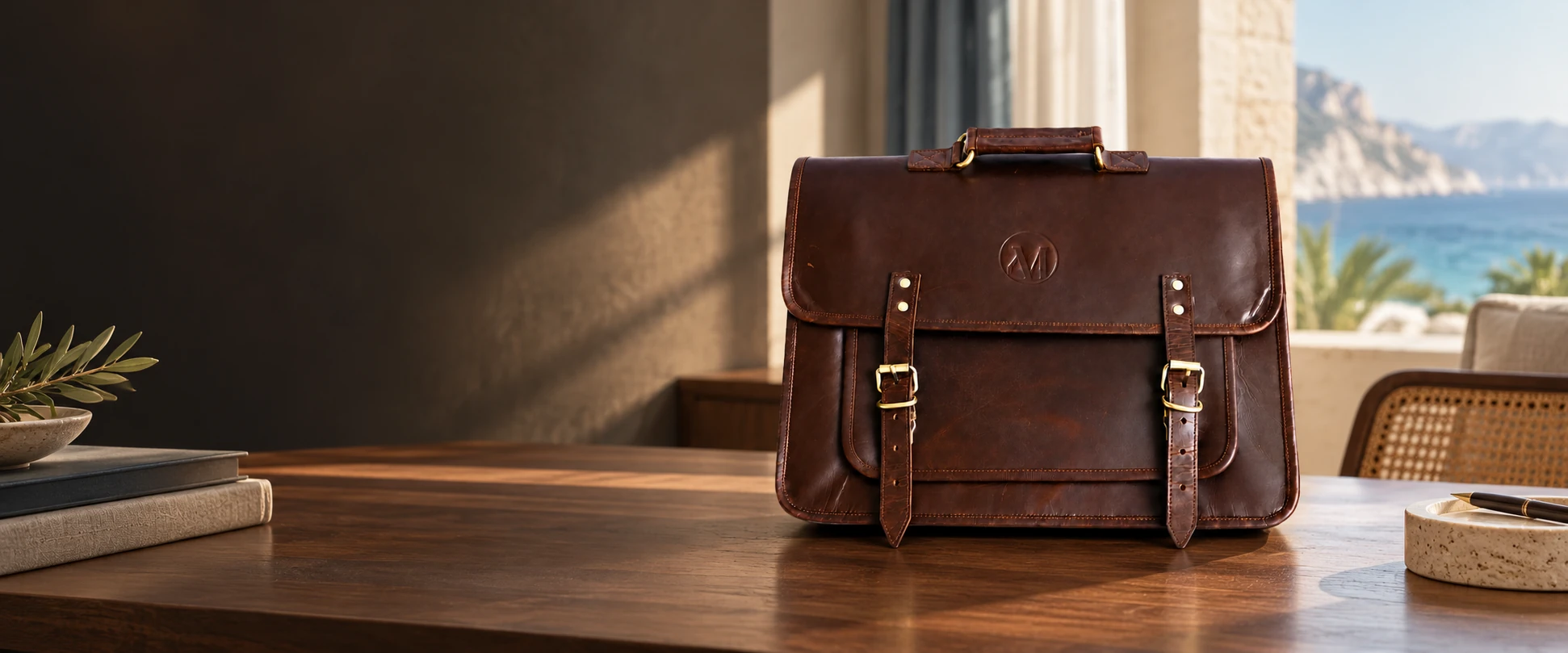 Compact Twin-Buckle Leather Messenger Bag in an elegant contemporary interior
