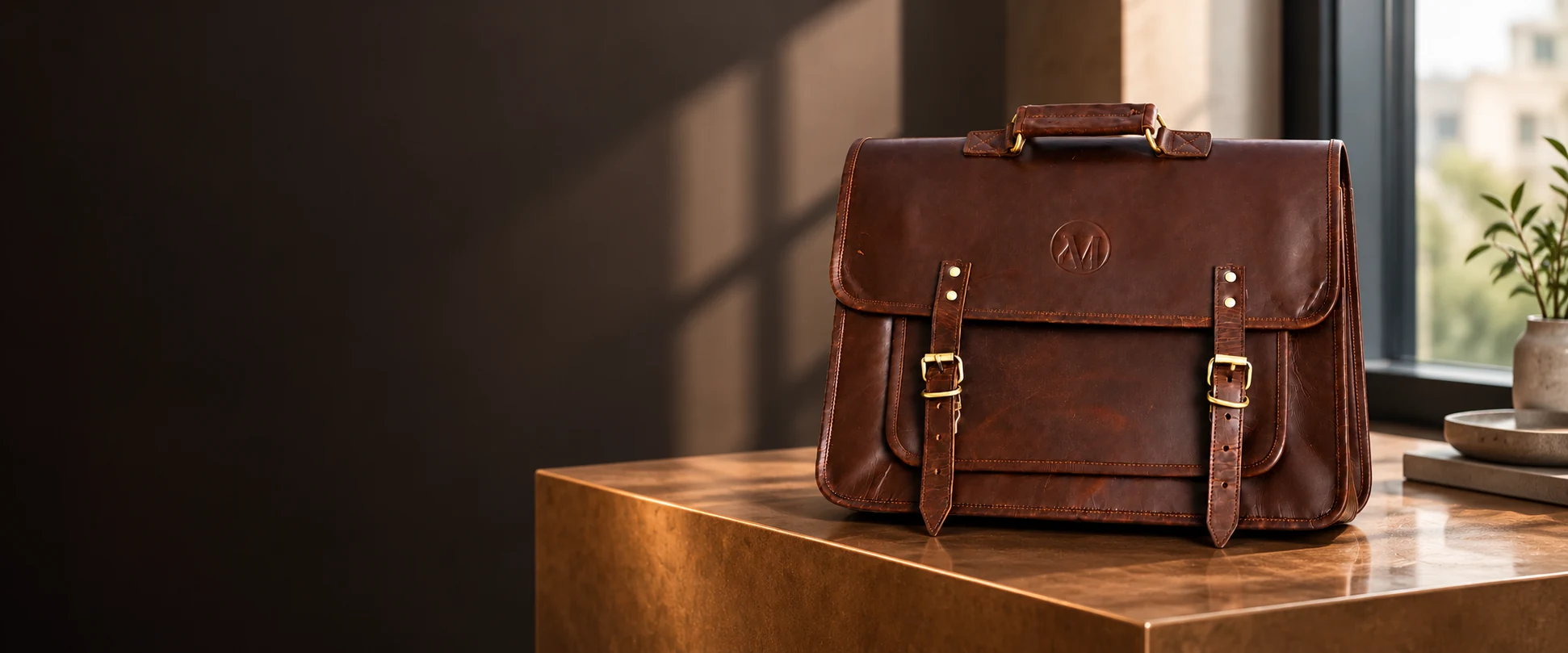 Compact Twin-Buckle Leather Messenger Bag displayed on a bronze-toned plinth beside an office window