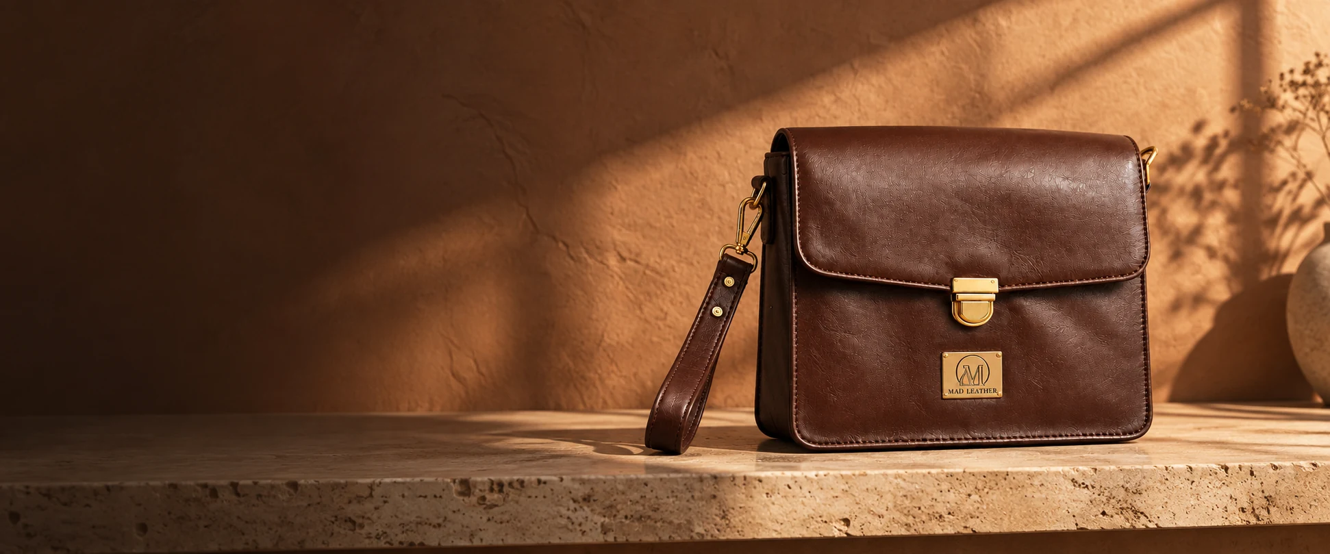 Leather Handheld Clutch displayed on a travertine shelf against clay-coloured plaster