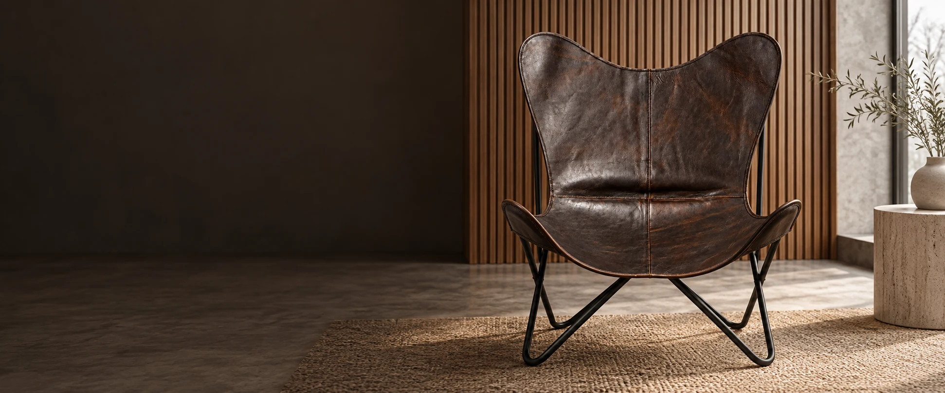 Leather Butterfly Chair Cover styled in a calm interior display with fluted timber panelling