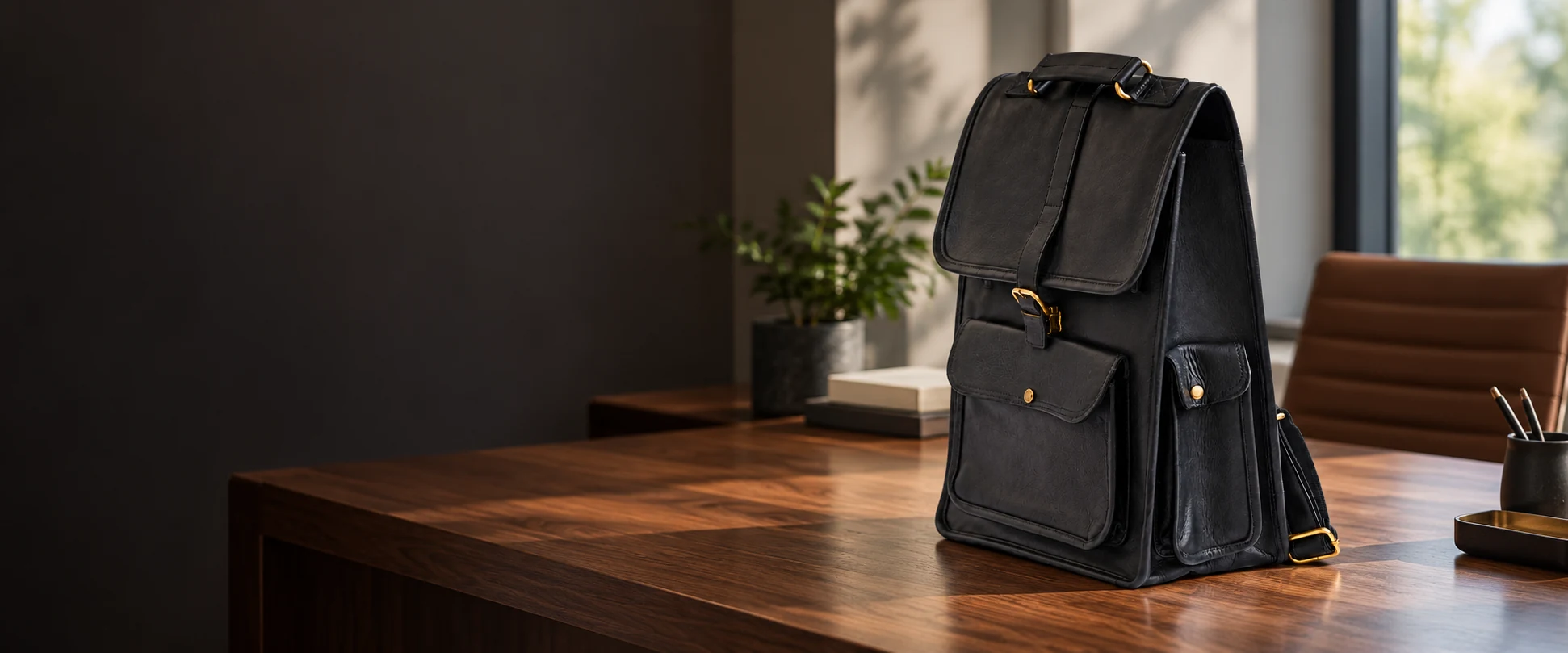 Buckle-Flap Leather Backpack displayed on a quiet walnut work desk in a modern office
