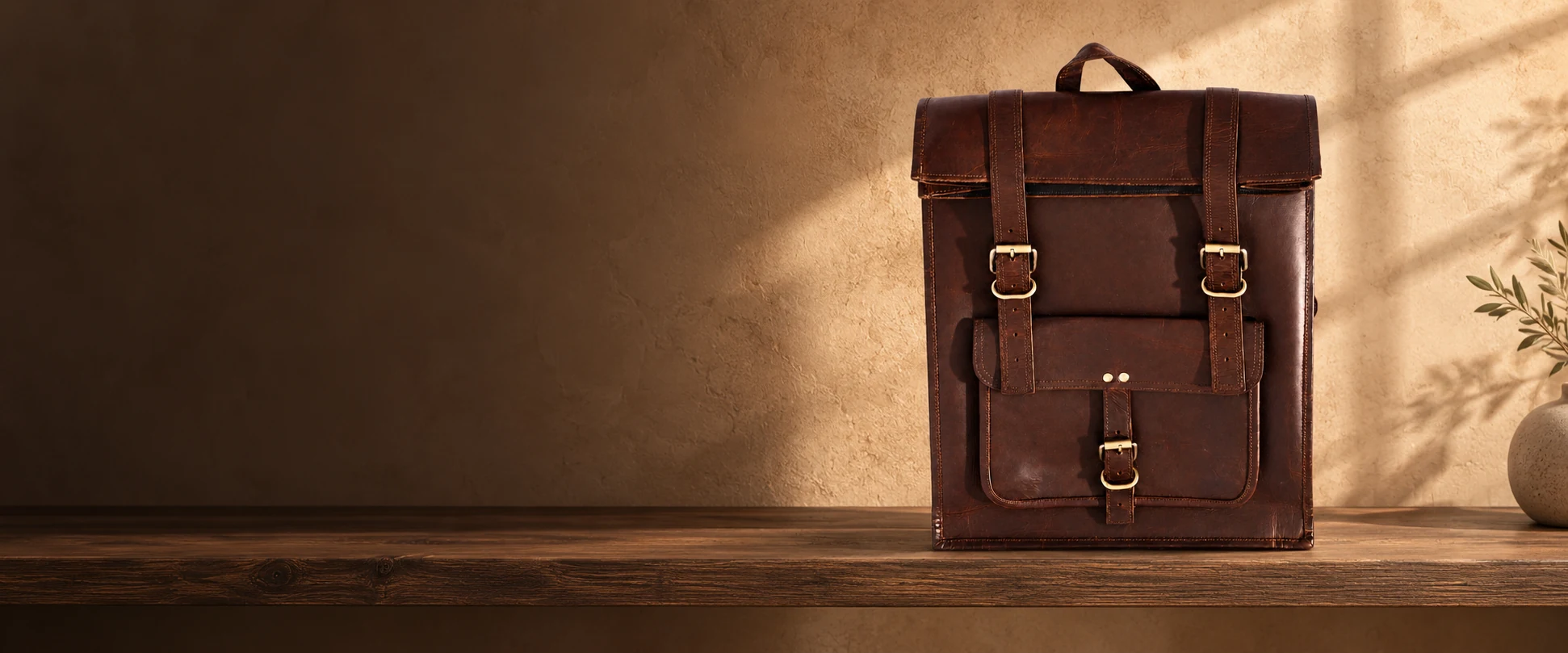 Leather Flap Backpack displayed on a smoked oak shelf against warm plaster