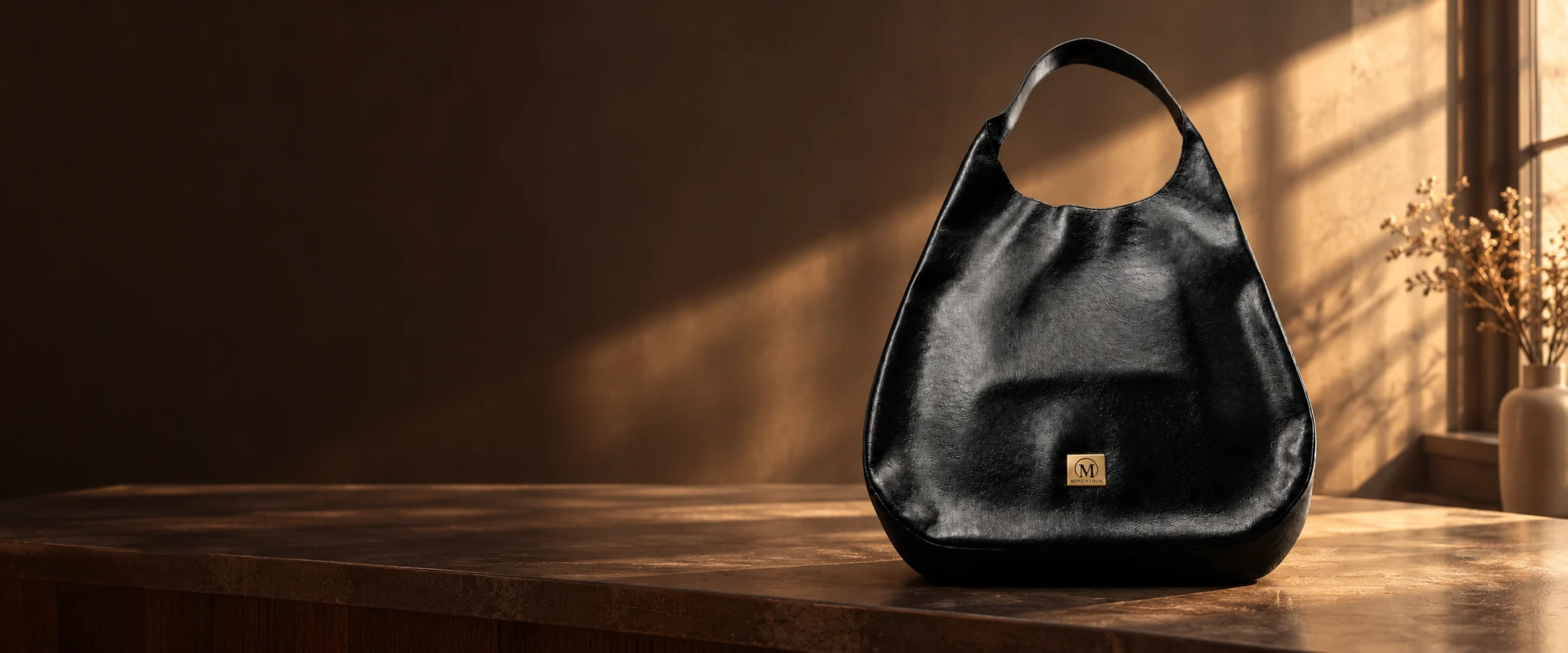 Oversized Leather Hobo Bag displayed on a deep brown retail counter with subtle daylight