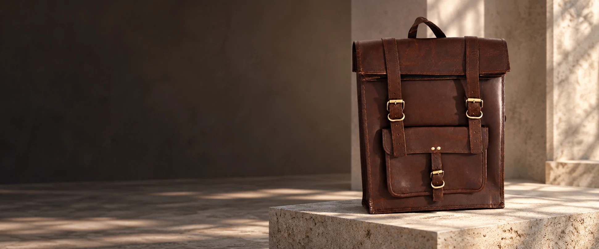 Leather Flap Backpack displayed on a stone pedestal in an understated gallery