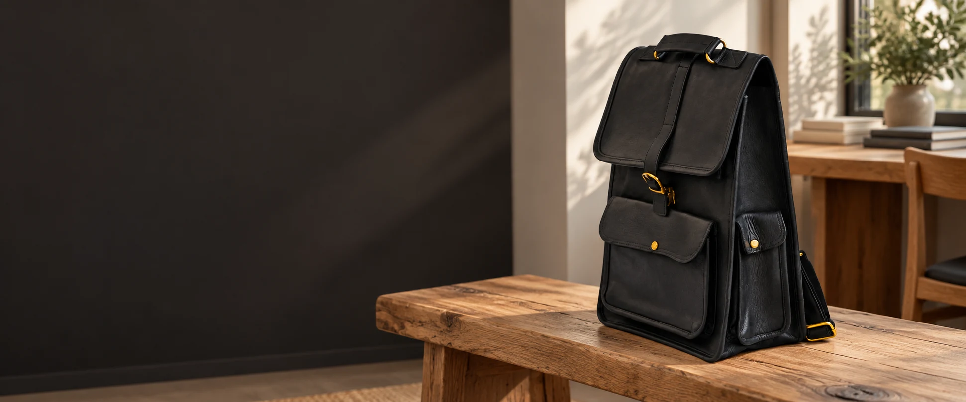 Buckle-Flap Leather Backpack displayed on an oak bench beside a softly lit workspace