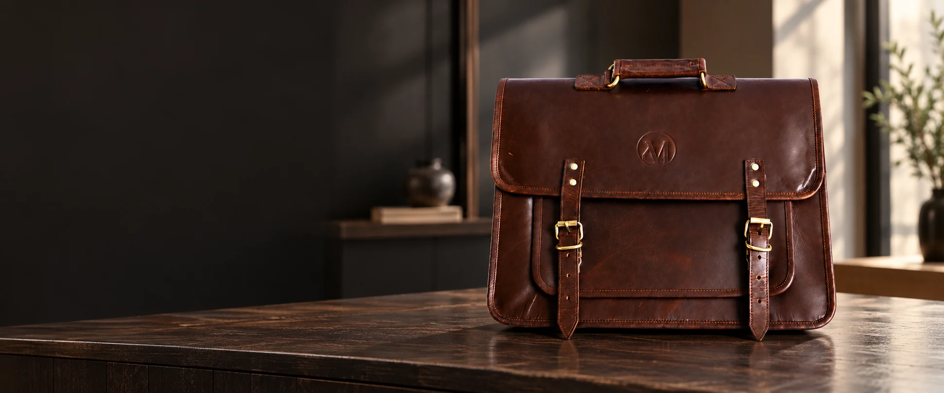 Compact Twin-Buckle Leather Messenger Bag displayed on a dark timber counter in a clean retail showroom