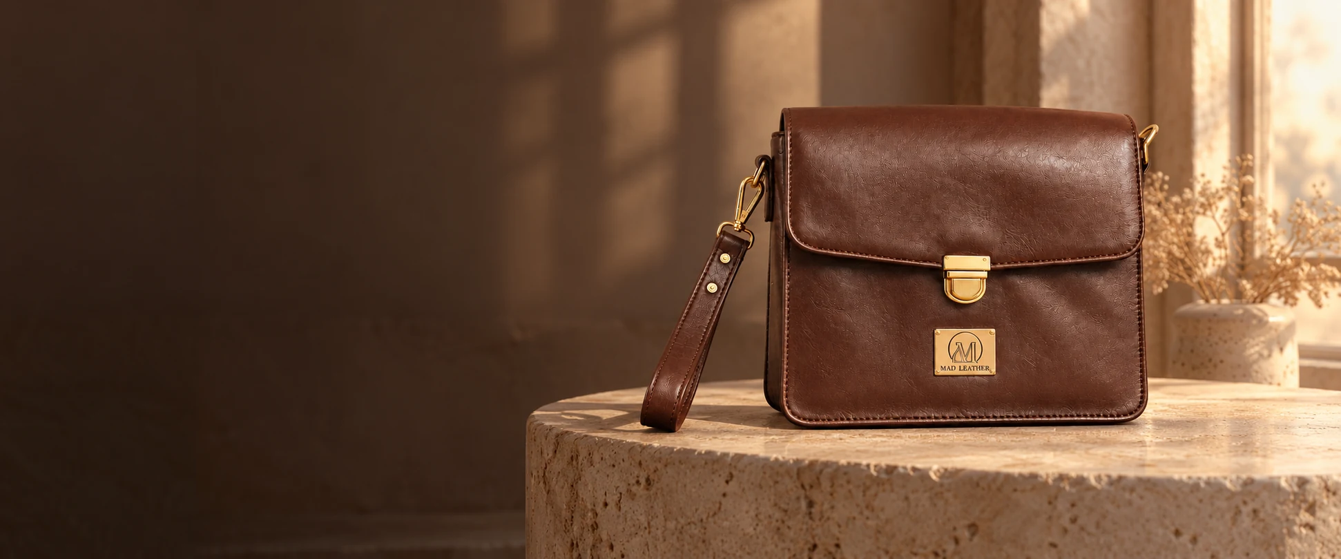 Leather Handheld Clutch displayed on a sculpted stone pedestal by a softly lit window