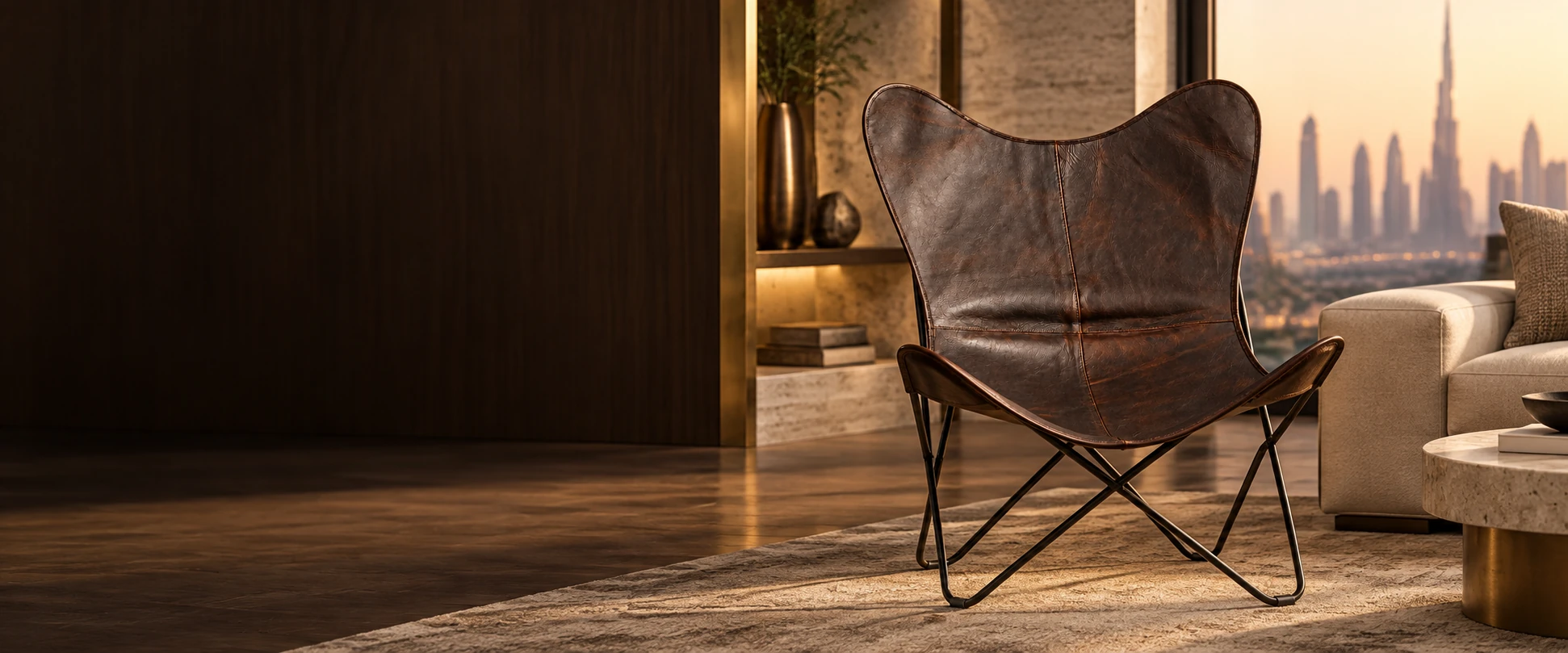 Leather Butterfly Chair Cover styled on a compatible display frame in an elegant lounge