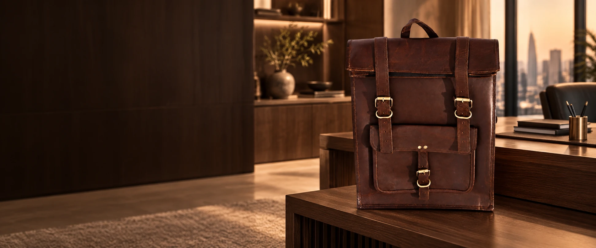 Leather Flap Backpack in an elegant contemporary interior