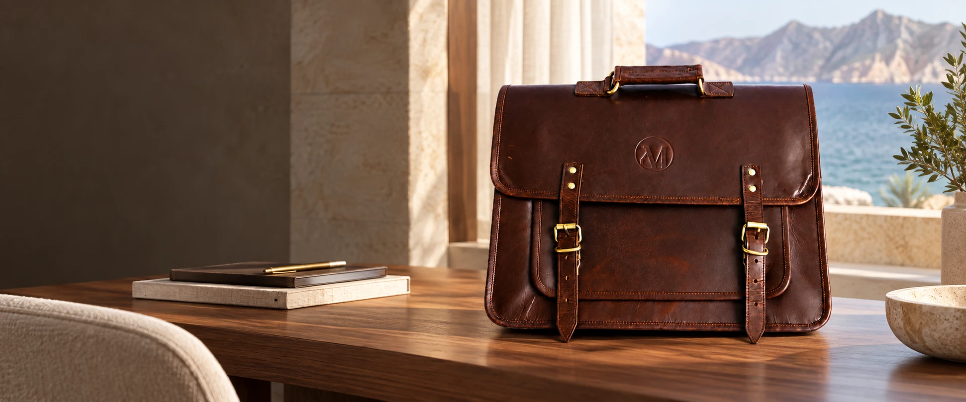 Compact Twin-Buckle Leather Messenger Bag in an elegant contemporary interior
