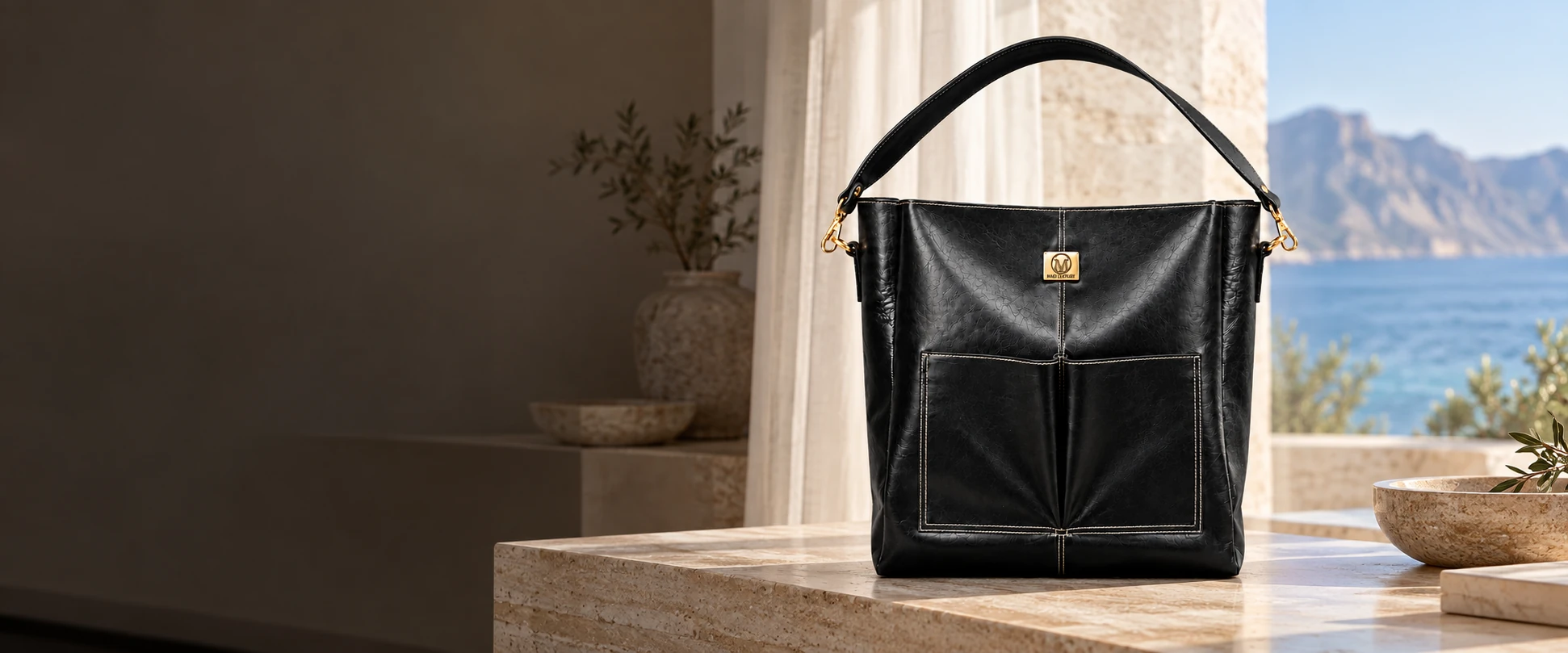 Double-Pocket Leather Tote Bag in an elegant contemporary interior