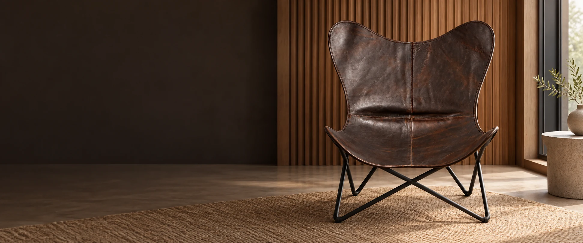 Leather Butterfly Chair Cover styled in a calm interior display with fluted timber panelling