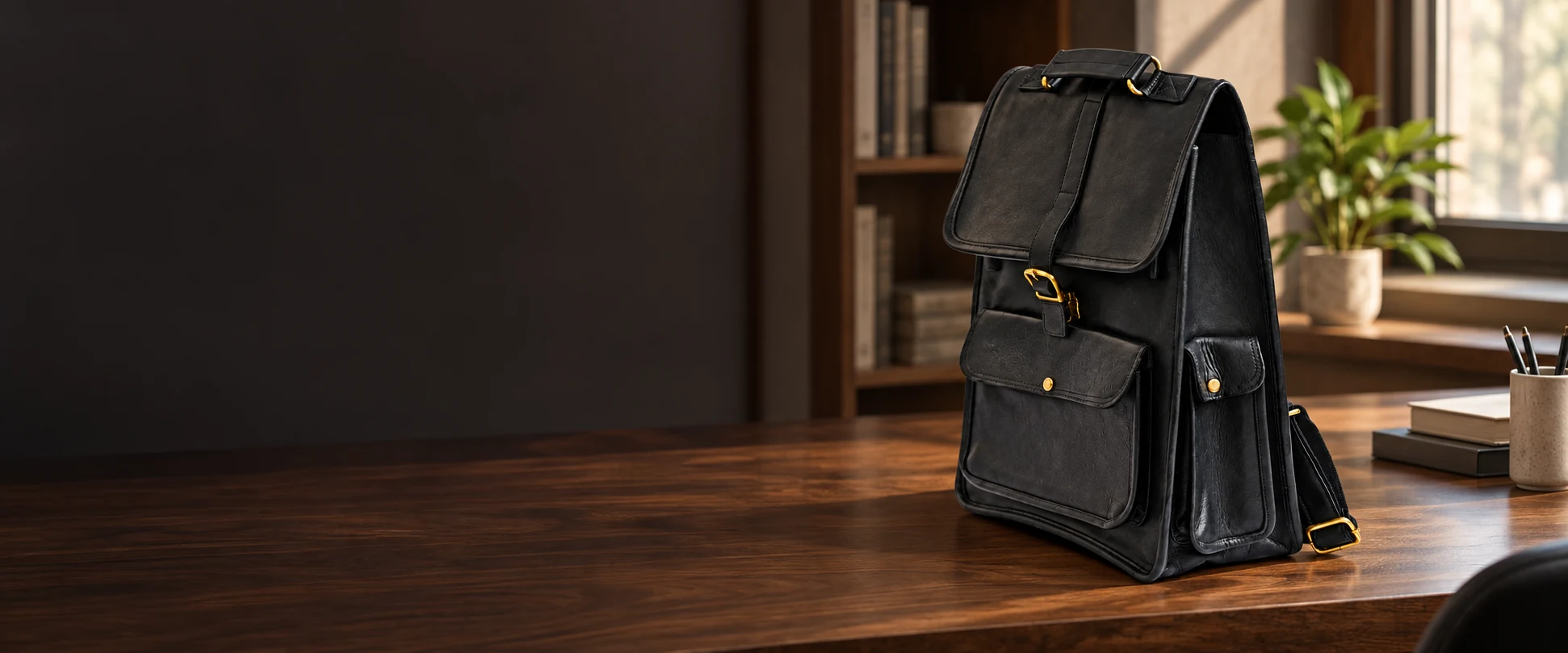 Buckle-Flap Leather Backpack displayed on a quiet walnut work desk in a modern office