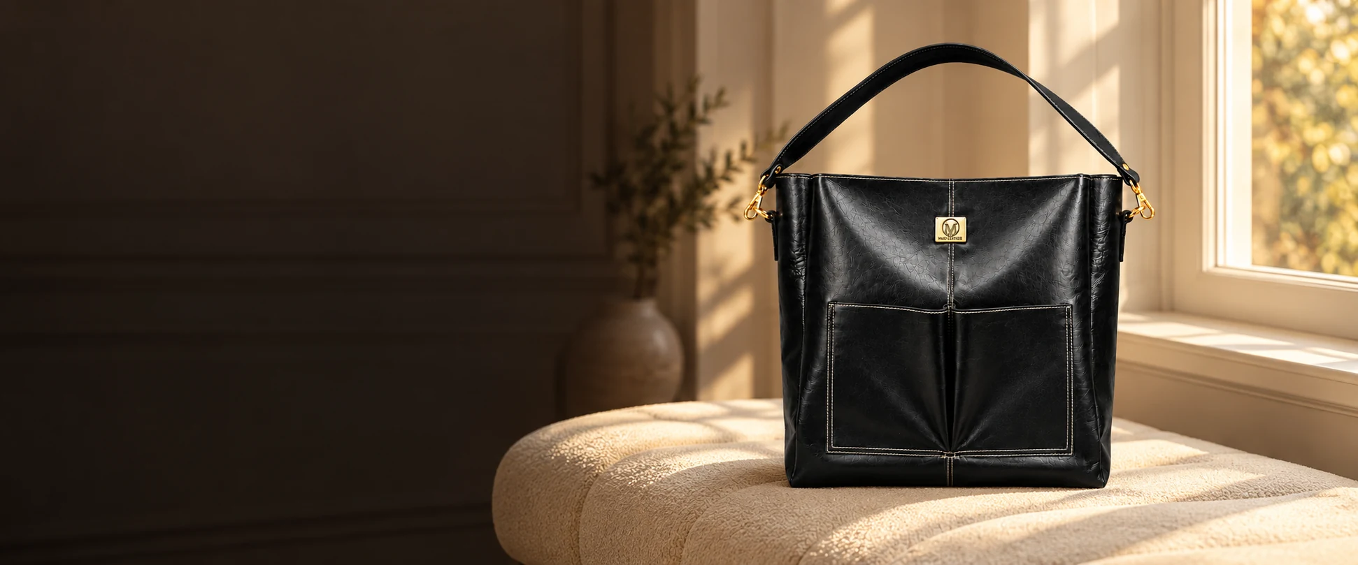 Double-Pocket Leather Tote Bag displayed on a cream upholstered bench beside a window