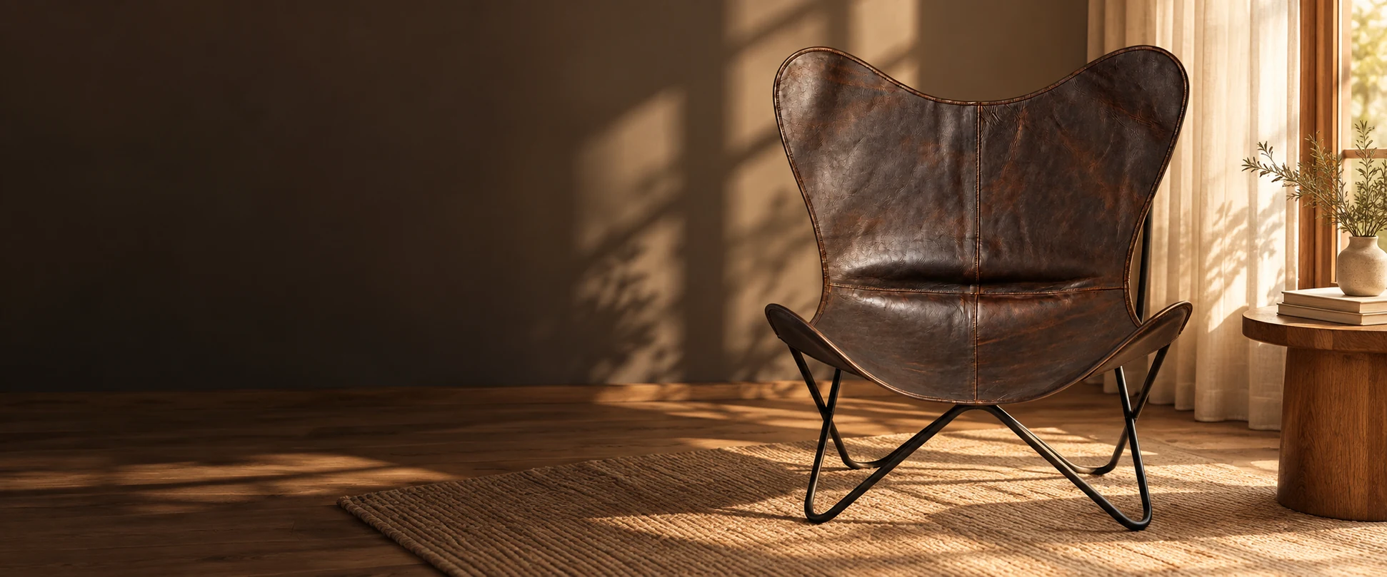 Leather Butterfly Chair Cover styled in a reading corner with neutral linen and warm timber
