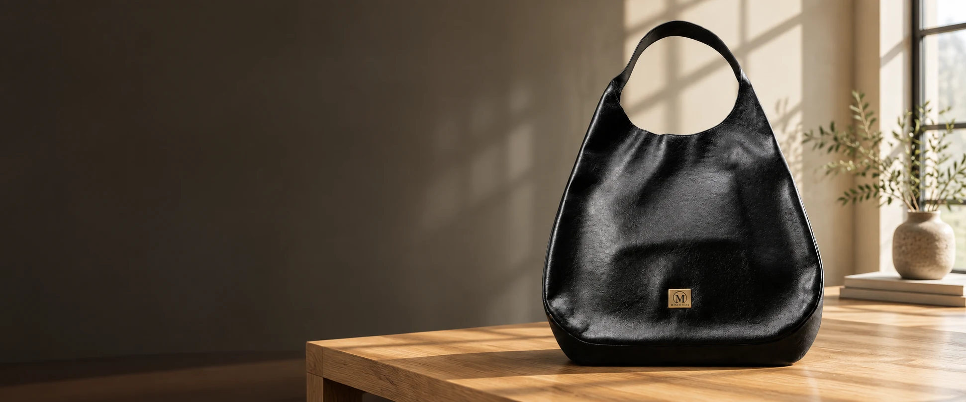 Oversized Leather Hobo Bag displayed on a clean oak table in a collection planning studio