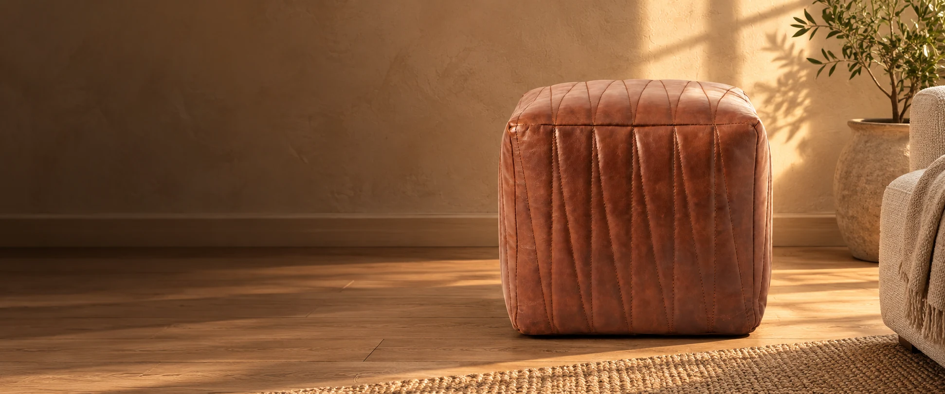 Square Leather Pouf Cover styled in a quiet living room with warm plaster walls and oak floors