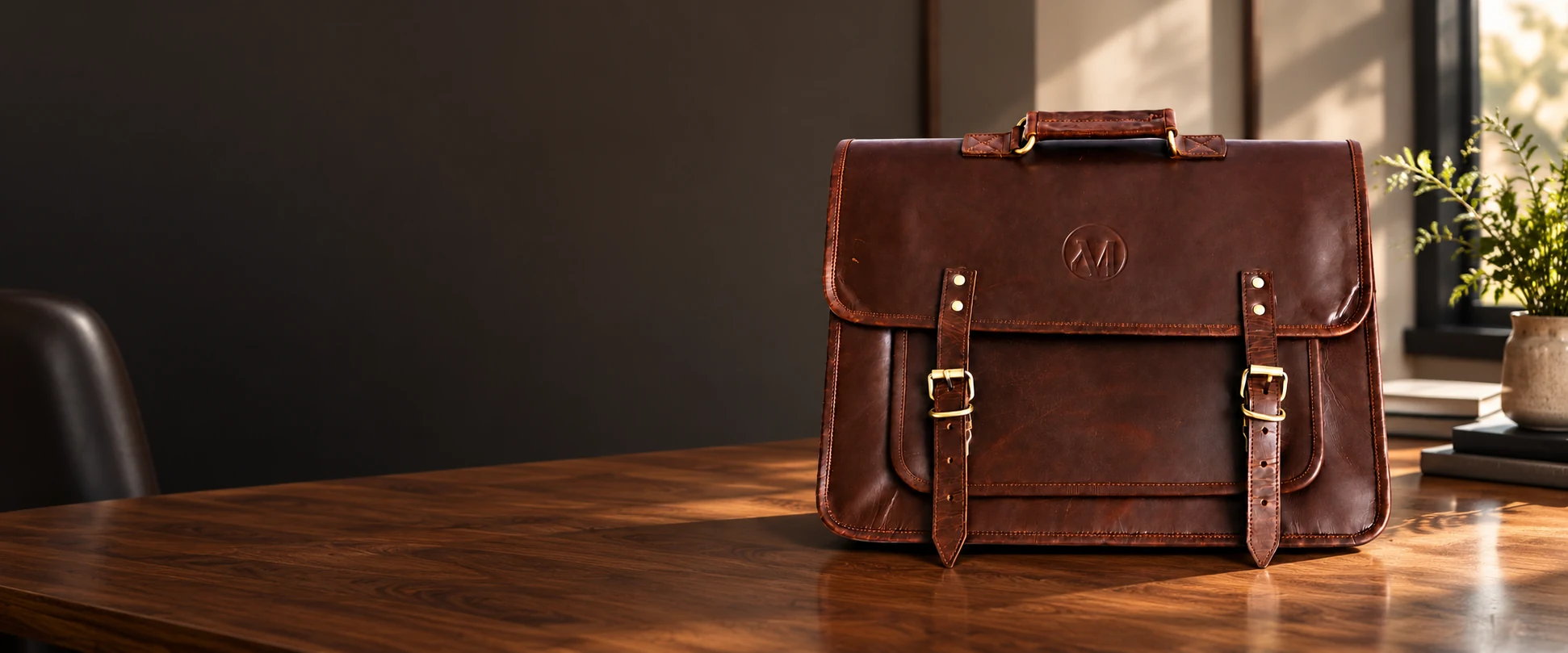 Compact Twin-Buckle Leather Messenger Bag displayed on a quiet walnut work desk in a modern office