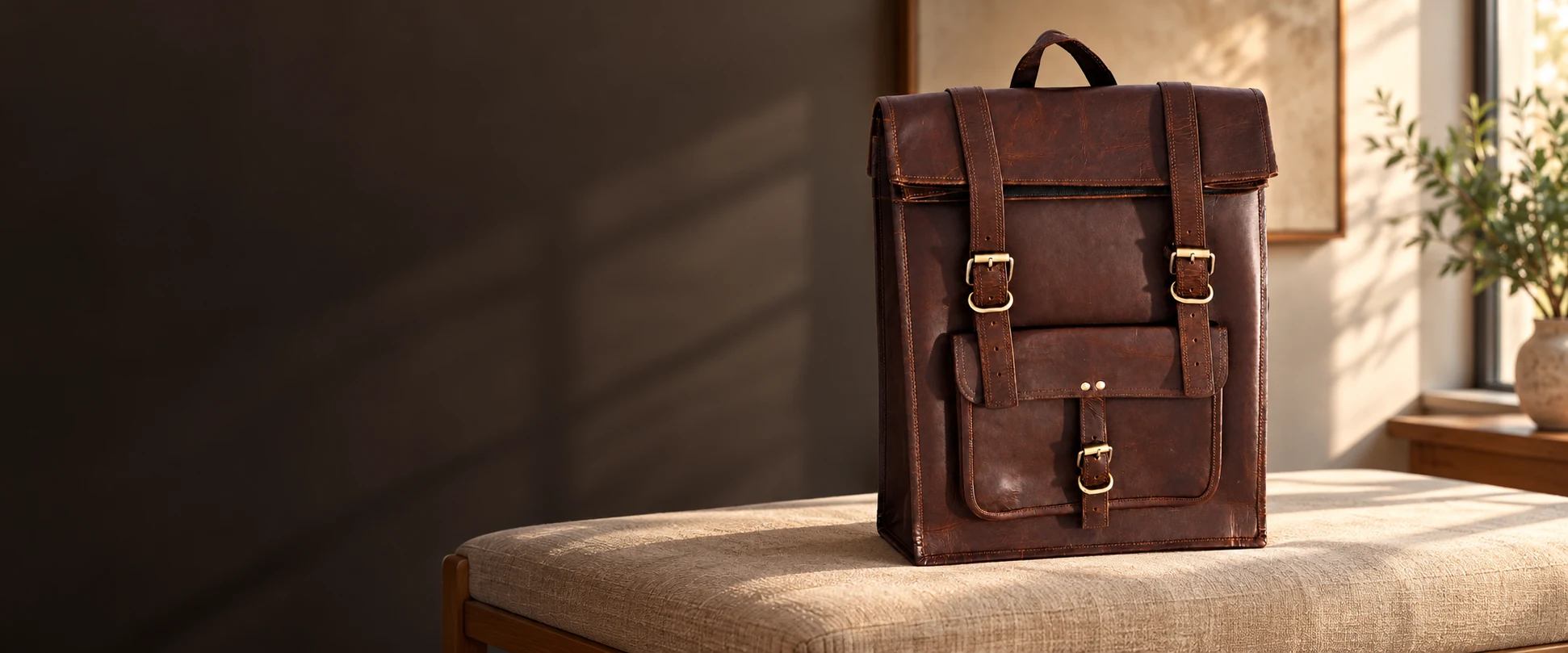 Leather Flap Backpack displayed on a linen-covered bench in a bright work lounge