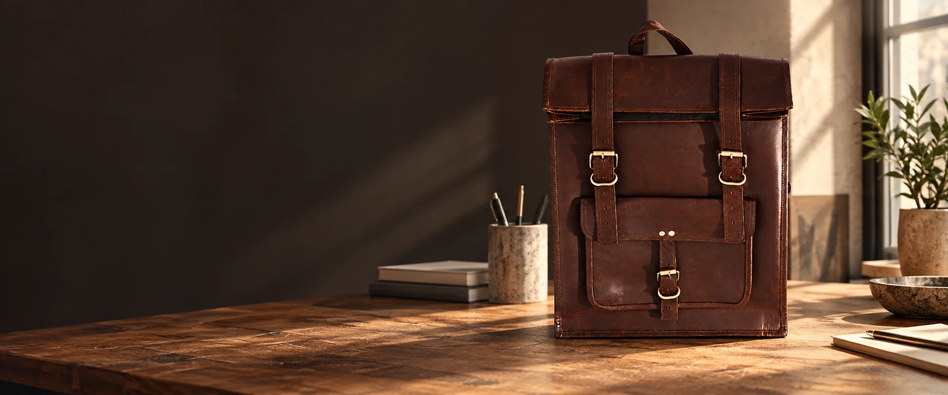 Leather Flap Backpack displayed on a work table in a contemporary design studio