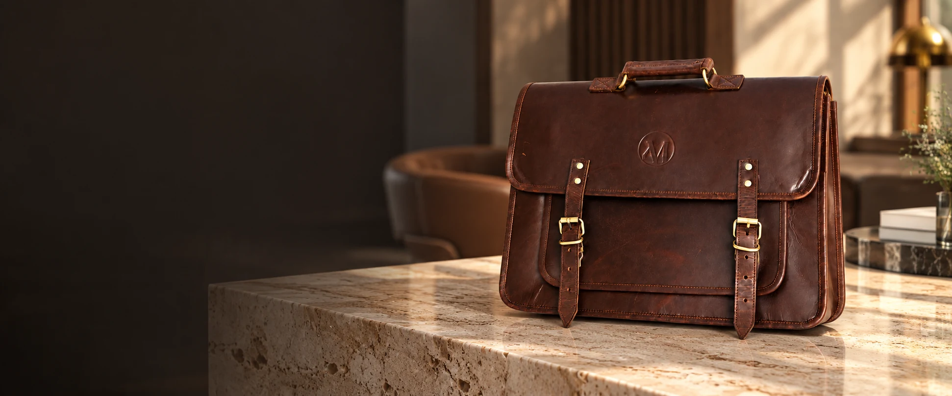 Compact Twin-Buckle Leather Messenger Bag displayed on a travertine counter in a refined business lounge