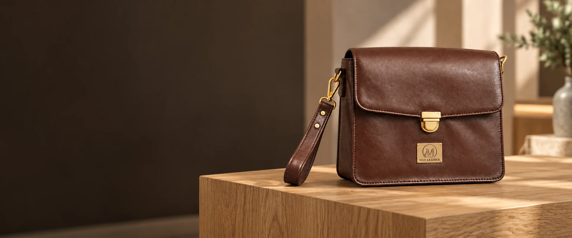 Leather Handheld Clutch displayed on an oak pedestal in an understated retail interior