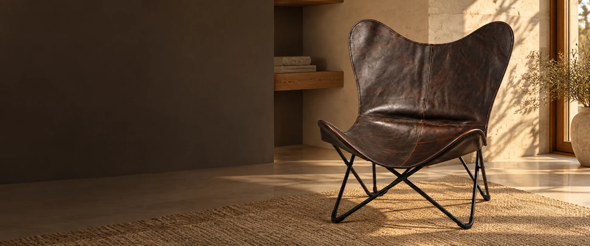 Leather Butterfly Chair Cover styled in a modern living room with pale stone and oak