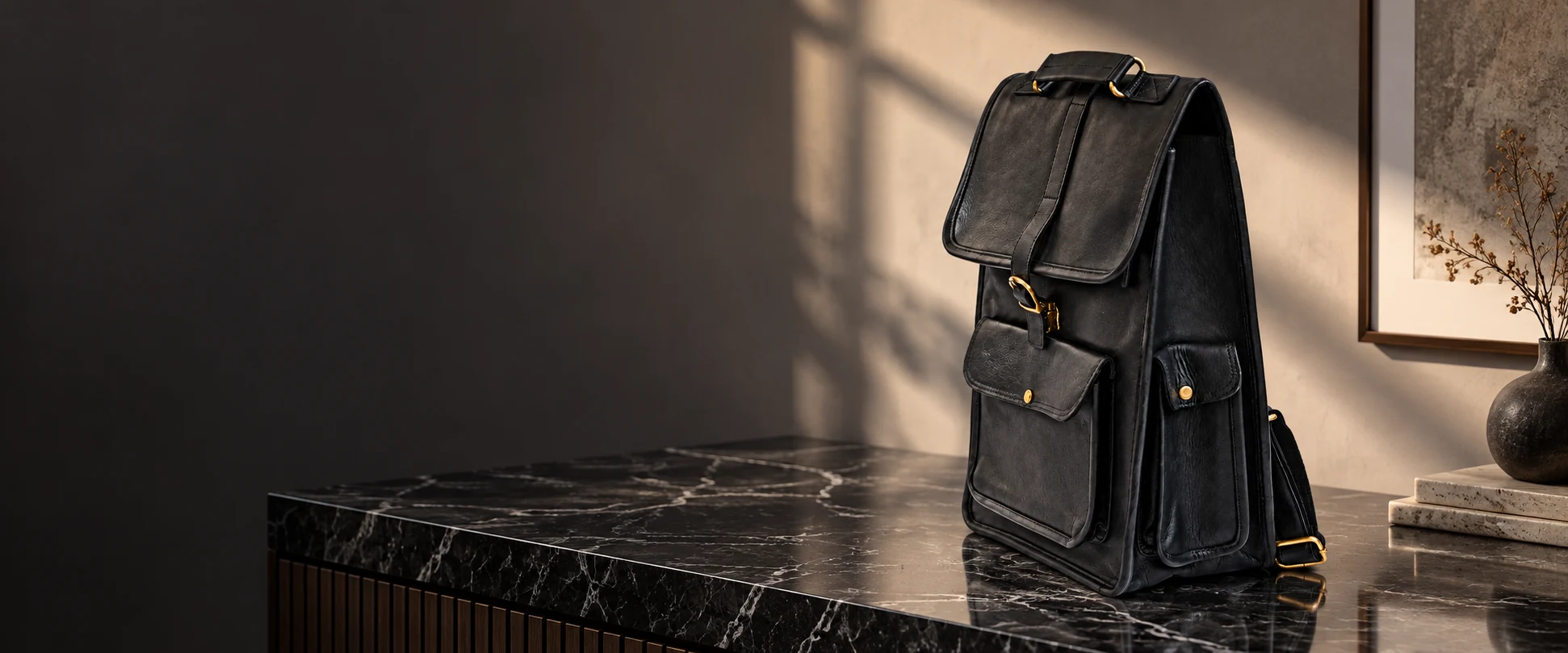 Buckle-Flap Leather Backpack displayed on a black marble console in a minimalist office